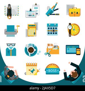 Ensemble d'icônes de bureau avec des symboles de papeterie d'affaires plats illustration vectorielle isolée Illustration de Vecteur