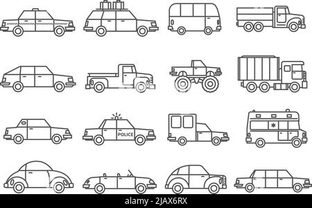 Les icônes noires blanches de la ligne de voitures avec l'illustration vectorielle isolée plate de la famille et des voitures de service Illustration de Vecteur