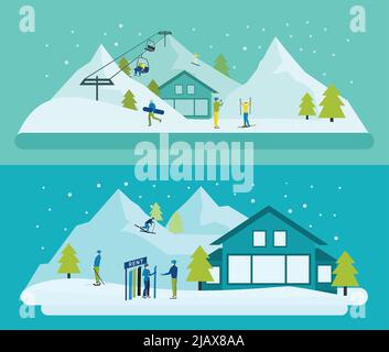 Bannière horizontale de station de ski avec montagnes sur fond d'illustration vectorielle isolée Illustration de Vecteur