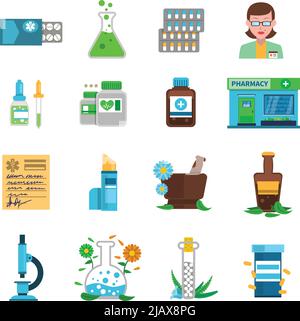 Icônes de pharmacie avec des bâtiments d'atelier médical et des illustrations vectorielles isolées de médicaments Illustration de Vecteur