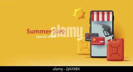 Bannière promotionnelle d'été Web pour l'application pour station-service avec illustration smartphone 3D avec réservoirs de carburant et buse de gaz. Illustration noire vectorielle Illustration de Vecteur