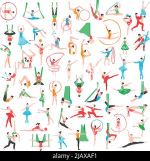 Gymnastique et ballet grand ensemble comprenant des danseurs trapèze artistes acrobates filles avec des outils de sport illustration vectorielle isolée Illustration de Vecteur