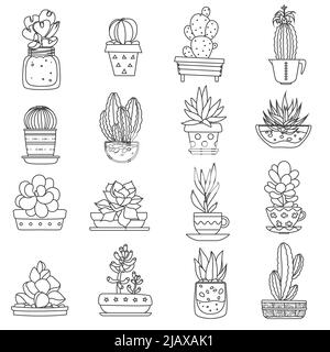 Cactus line noir blanc icônes ensemble avec différents types de succulents illustration vectorielle isolée plate Illustration de Vecteur