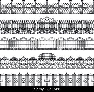 Clôtures jeu de bordures blanches noires avec illustration vectorielle métallique forgée isolée plate Illustration de Vecteur