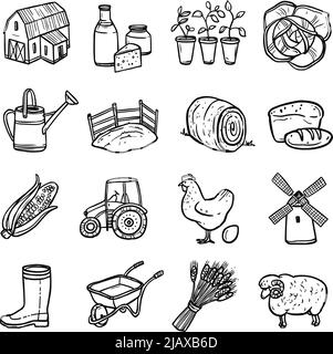 Icônes agriculture noir blanc jeu avec tracteur de poule et de symboles de pain illustration vectorielle isolée plate Illustration de Vecteur