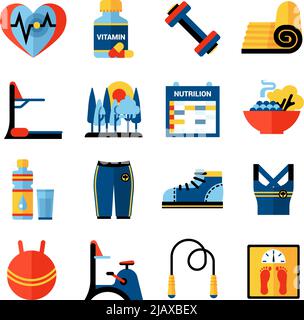 Forme physique plat couleur icônes ensemble avec des vêtements de sport baskets de gym produits alimentaires sains illustration vectorielle isolée Illustration de Vecteur