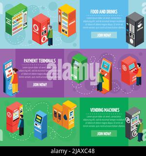 Distributeurs automatiques de nourriture et de boissons bannières isométriques ensemble avec paiement et billets vendant des machines illustration vectorielle isolée Illustration de Vecteur