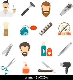 Définissez des icônes de couleur sur barber avec l'équipement de rasage et les accessoires d'hygiène personnelle illustration vectorielle isolée Illustration de Vecteur