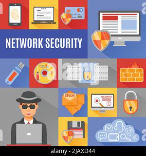 Sécurité réseau icônes décoratives ensemble de smartphone carte de crédit ordinateur portable cadenas cloud hacker symboles illustration vectorielle isolée Illustration de Vecteur