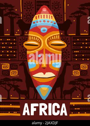Modèle de masque ethnique tribal coloré sur fond africain avec illustrations vectorielles isolées d'animaux Illustration de Vecteur
