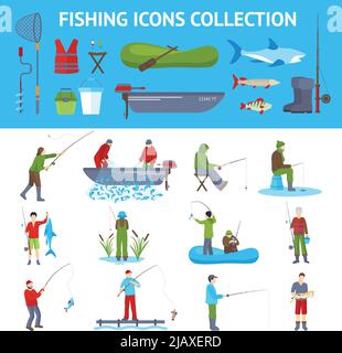 Collection d'équipements et d'équipements de pêche à plat avec pêcheur en bateau à moteur attrapant des banderoles de poisson abstrait illustration vectorielle Illustration de Vecteur