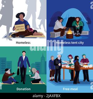 Homeless People 2x2 design concept avec mendiant affamé assis sur le trottoir homme faisant don repas gratuit illustration vectorielle plate Illustration de Vecteur