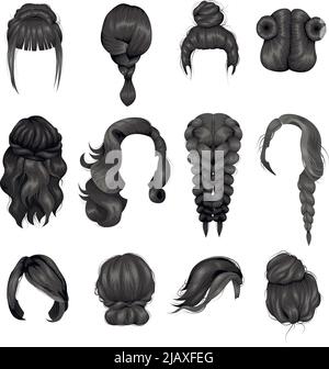 Femmes coiffure perruques faux et naturel cheveux morceaux avant et arrière vue noire collection icônes isolées illustration vectorielle Illustration de Vecteur