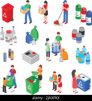 Recyclage des déchets et du plastique Images isolées ensemble avec conteneurs isométriques poubelles et illustrations vectorielles personnages de personnes Illustration de Vecteur