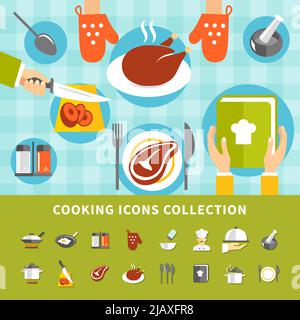 Éléments de cuisine ensemble avec ustensiles de cuisine différents plats repas ingrédients chef livre de cuisine en illustration vectorielle de style plat Illustration de Vecteur