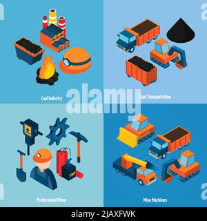 Ensemble de concepts pour l'industrie du charbon avec machines de transport de mines et icônes isométriques de mineur professionnel illustration vectorielle isolée Illustration de Vecteur