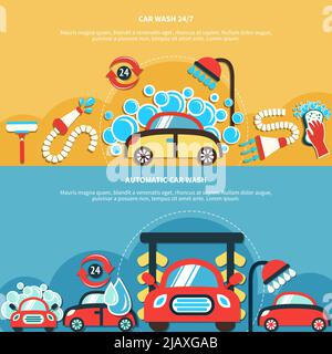Ensemble de deux bannières horizontales de lavage de voiture avec des images de style Doodle de lavage de voitures gouttes d'eau illustration vectorielle Illustration de Vecteur