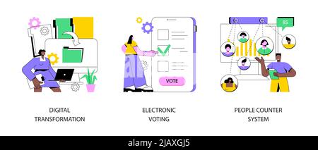 Ensemble d'illustrations vectorielles de concept abstrait de numérisation. Transformation numérique, vote électronique, système de comptoir de personnes, flux de travail sans papier, bulletin de vote sur Internet, métaphore abstraite du rapport de trafic de détail. Illustration de Vecteur