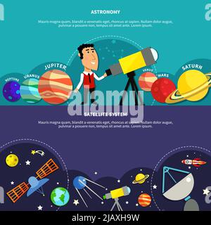 Banderoles horizontales d'astronomie avec symboles de système satellite illustration vectorielle isolée plate Illustration de Vecteur