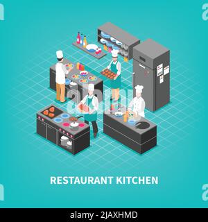 Food court concept avec mobilier isométrique de cuisine de restaurant et cuisine équipiers personnages sans visage pendant le processus de cuisson illustration vectorielle Illustration de Vecteur