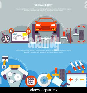Deux bannières horizontales sur le thème de l'entretien automatique avec alignement des roues et compositions de conception de pièces de rechange de voiture illustration vectorielle plate Illustration de Vecteur