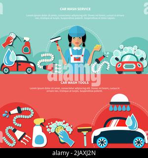 Deux bannières horizontales avec le personnage de lavage de voiture dessins de dessin animé de l'équipement et des agents de nettoyage illustration vectorielle Illustration de Vecteur