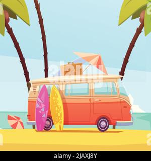 Surf et bus avec coffret de planches de surf et parapluie prêt pour le voyage dessin animé rétro illustration vectorielle Illustration de Vecteur