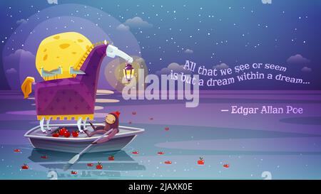 Cheval surréaliste de rêve de nuit avec lanterne en bateau avec lune jaune et poème de poésie arrière-plan abstrait illustration vectorielle Illustration de Vecteur