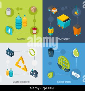 Ensemble de concept de conception de déchets avec évacuation propre et vert recyclage des déchets isométriques icônes illustration vectorielle isolée Illustration de Vecteur