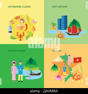 Cuisine nationale vietnamienne culture et tourisme pour les voyageurs 4 icônes plates affiche carrée abstrait illustration vectorielle isolée Illustration de Vecteur