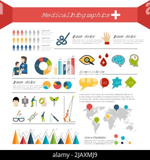 Ensemble d'infographies médicales avec tableaux de symboles de santé de l'anatomie humaine et illustration vectorielle de la carte du monde Illustration de Vecteur