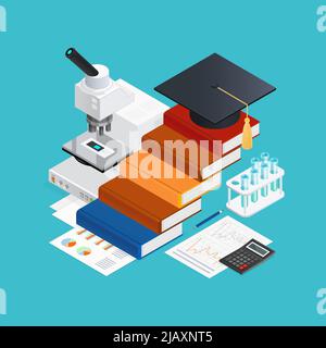 Apprentissage concept de conception isométrique avec des escaliers de livres académique chapeau accessoires éducatifs sur fond bleu illustration vectorielle Illustration de Vecteur