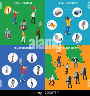 Manifestations sociales et politiques pacifiques rassemblements et émeutes 4 icônes isométriques affiche carrée abstraite illustration vectorielle isolée Illustration de Vecteur