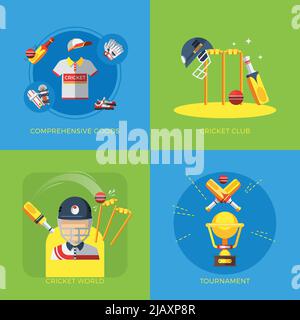 Icônes plates de cricket 2x2 sur fond bleu et vert avec des articles et des vêtements pour les joueurs et illustration vectorielle isolée plate de tournoi Illustration de Vecteur