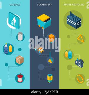 Banderoles verticales pour déchets avec illustration vectorielle isolée pour éléments isométriques d'évacuation et de recyclage des déchets Illustration de Vecteur