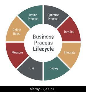 Diagramme de cycle de vie des processus métier. Entourez l'infographie avec 8 parties et du texte. Optimiser et développer, intégrer, déployer et utiliser, mesurer et définir les rôles. Illustration de Vecteur