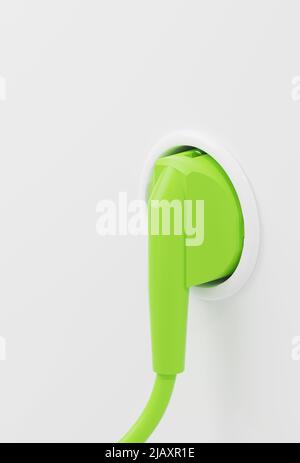 Fiche verte dans une prise murale, concept d'énergie verte, transition énergétique, électricité renouvelable, rendu 3D Banque D'Images