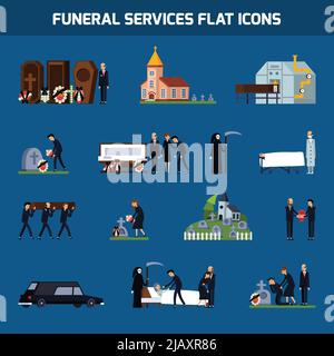 Services funéraires colorés et isolés icône plate ensemble avec figure de mort et triste personnage illustration de vecteur Illustration de Vecteur