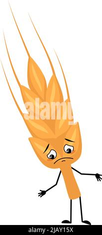 Oreille mignonne de caractère de blé avec des émotions tristes, le visage déprimé, les yeux, les bras et les jambes. Céréales saines avec expression et posture mélancolie, nourriture riche en vitamines. Illustration vectorielle plate Illustration de Vecteur