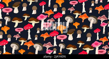 Champignons forestiers. Motif sans couture de chanterelle, de champignons porcini, de tabouret de crapaud, d'agarique de mouche, de champignon et d'autres. Dessin dessiné à la main pour le textile, l'emballage Illustration de Vecteur