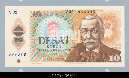 Billet de 10 couronnes, Banque d'Etat Tchécoslovaquie, Tchécoslovaquie, 1986 ans Statni Print Karna, Prague, Šneider, Bohumil (1936), Brunovský, Albin (1935 1997), Fajt, Václav (1952 ) Banque D'Images