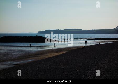 SIDMOUTH, Royaume-Uni - 27 mars 2019 personnes marchant sur la plage avec des vagues entrant et des falaises en arrière-plan Banque D'Images