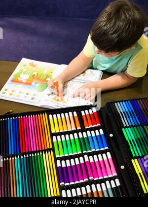 Coloriage de petit garçon dans un livre avec des marqueurs colorés, des stylos feutre Banque D'Images