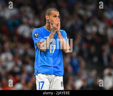 Londres, Royaume-Uni. 01st juin 2022. Gianluca Scamacca (17 Italie) semble abattu lors du match de football de l'UEFA CONMEBOL Finalissima 2022 entre l'Italie et l'Argentine au stade Wembley à Londres, en Angleterre. Cristiano Mazzi/SPP crédit: SPP Sport presse photo. /Alamy Live News Banque D'Images