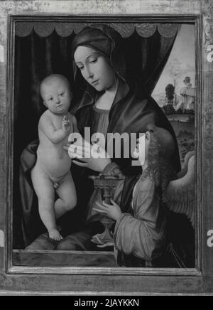 Le concessionnaire prétend que « c'est l'original »: La peinture de « Vierge à l'enfant avec Ange » que M. Koester a achetée pour plus de £6 000 et qu'il prétend être l'original photographié aujourd'hui, (dimanche) dans les galeries de M. Koester à Mayfair. M. Leonard Koester, le marchand d'art de Londres, a affirmé aujourd'hui (dimanche) qu'une photo dans la Galerie nationale n'était pas l'original, mais une copie. La peinture est répertoriée dans le catalogue comme 'Vierge à l'enfant avec Ange', et est attribuée au maître du 16th siècle, Francesco Francia, et est décrit comme étant son travail connu le plus tôt. 12 décembre 1954. (Photo par Reuter Banque D'Images