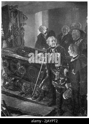 Frédéric le Grand au cercueil du Grand électeur par un peintre réaliste allemand Adolph von Menzel. Publication du livre 'Meyers Konversations-Lexikon', Volume 2, Leipzig, Allemagne, 1910 Banque D'Images