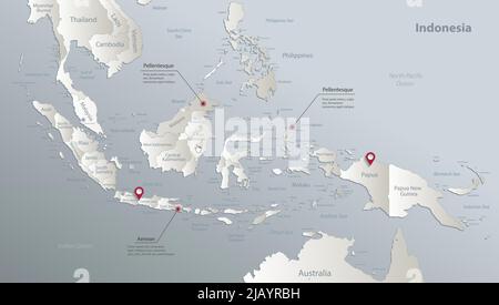 Carte de l'Indonésie, division administrative, sépare les régions et les noms, carte bleue blanche 3D vecteur Illustration de Vecteur