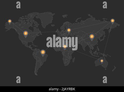 Carte du monde, réseau bitcoin et pointeur de localisation, conception du vecteur d'arrière-plan noir Illustration de Vecteur