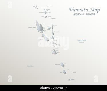 Carte de Vanuatu, îles et ville avec noms, papier blanc bleu carte 3D vecteur Illustration de Vecteur