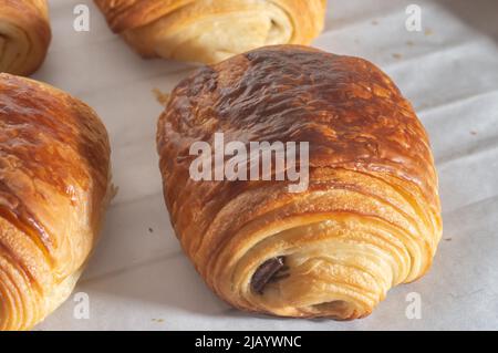 Un croissant au chocolat traditionnel français fraîchement préparé - petit pain au chocolat brillant aux rayons du soleil du matin. Banque D'Images